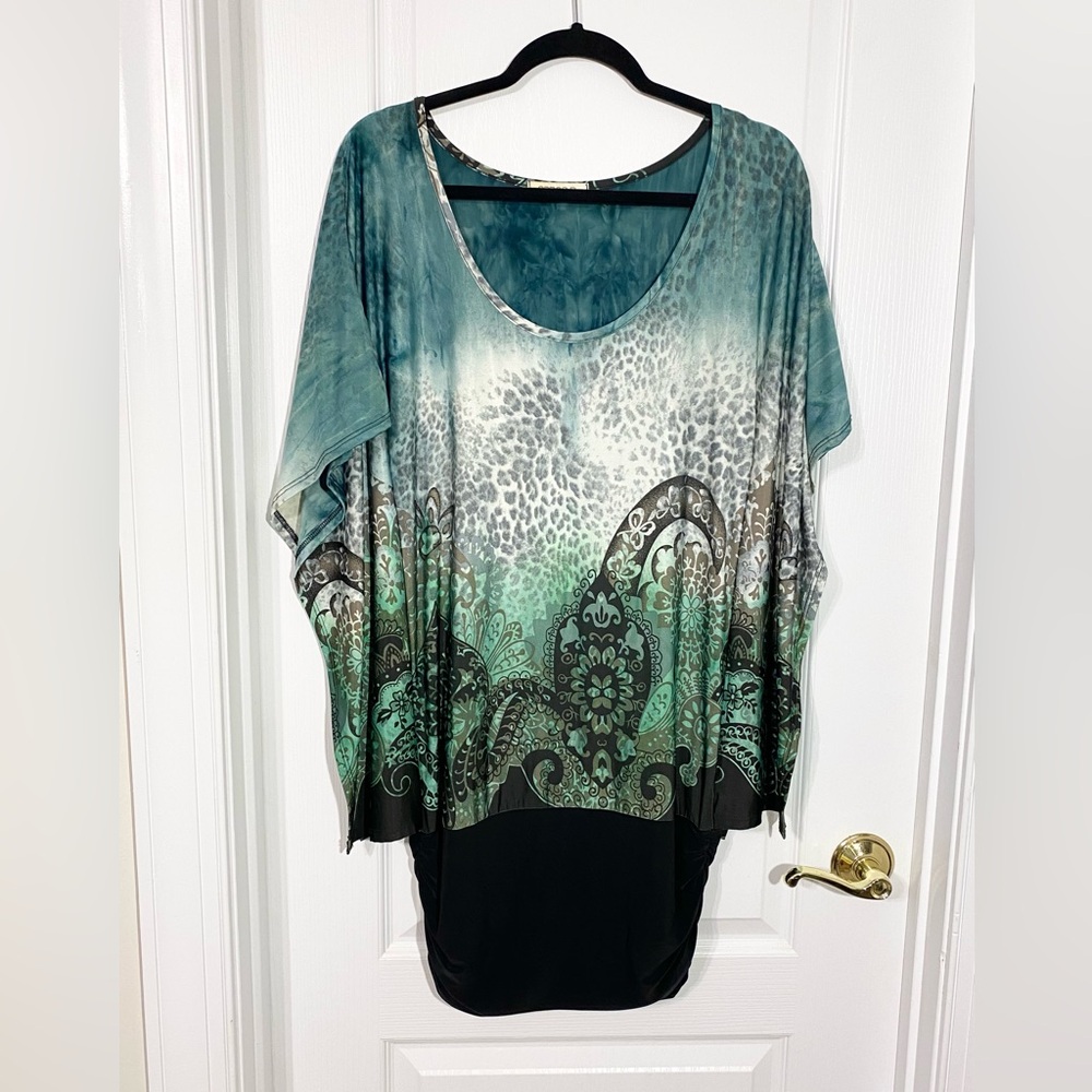 Y2K VTG Arden B USA MADE Patterned Batwing Mini Dress Green Black Size Medium